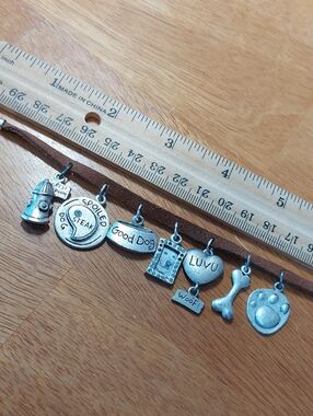 Brown Leather Silver Dog Charm Bracelet Silvertone Chain